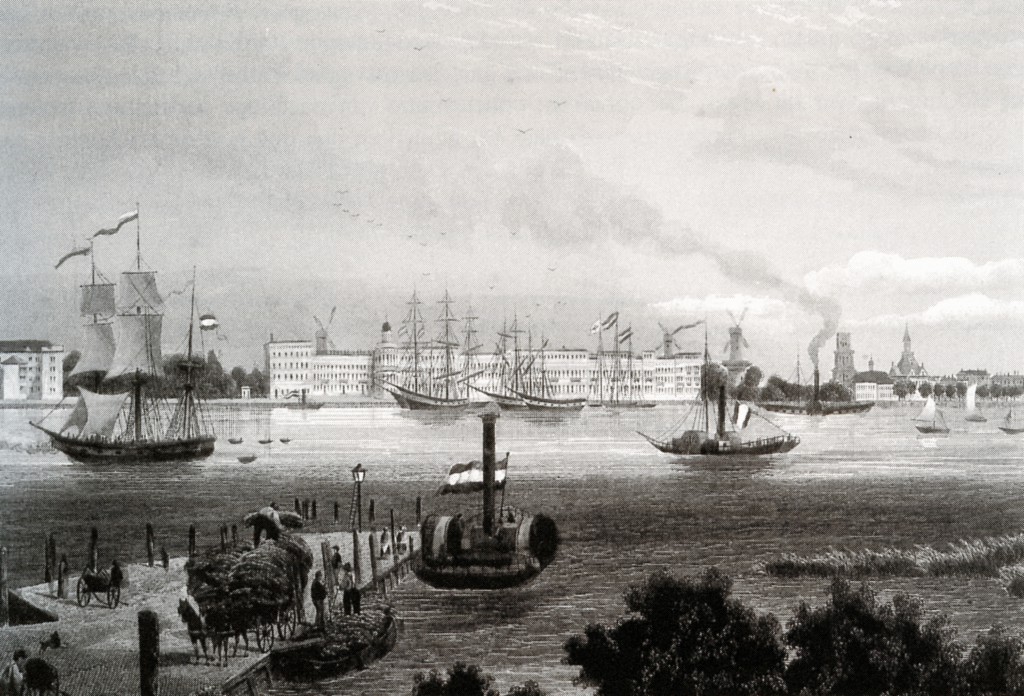 De Nieuwe Maas gezien vanaf de Linker Veerdam met aan de overzijde de Willemskade. In het midden het Katendrechtse veerbootje als stoomraderboot. Rotterdam, 1828.