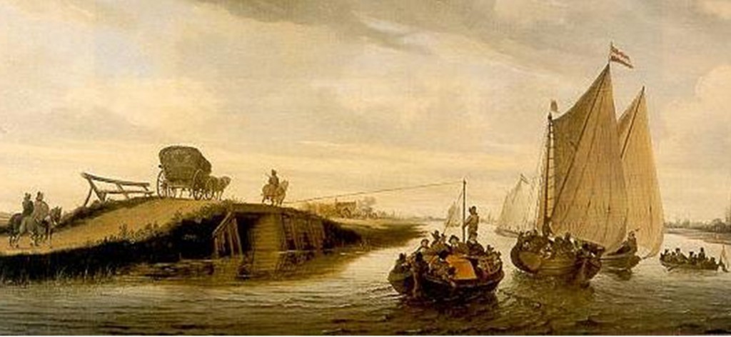 Een schilderij van Salomon van Ruysdael, waarop de vijf verschillende vormen van vervoer in de middeleeuwen in beeld bracht.