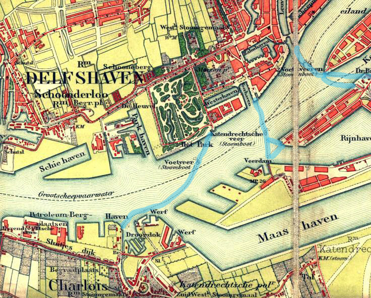 Een stafkaart uit 1889 toont de situatie net na het graven van de Rijnhaven. Duidelijk is te zien dat Katendrecht en Charlois nog zelfstandige dorpjes waren in een agrarisch landschap en dat op de kaart een aantal dijken genoemd worden die we ook nu nog kennen zoals de Hilledijk en de Sluisjesdijk. De Zeedijk is later de Katendrechtse Lagedijk geworden. Op de noordoever van de Nieuwe Maas, tussen Delfshaven en Rotterdam wordt de buurtschap Schoonderloo nog aangegeven. 