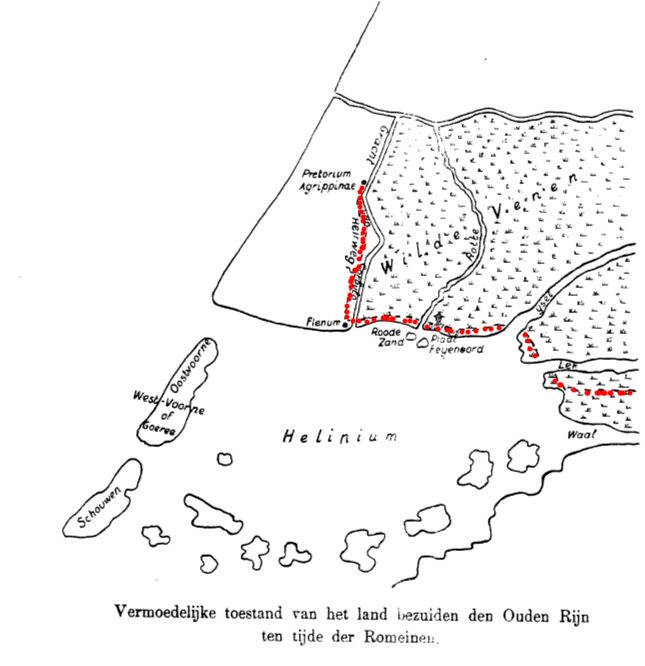 Een kaartje van het gebied uit de Romeinse tijd toont de loop van de 'heerweg'.