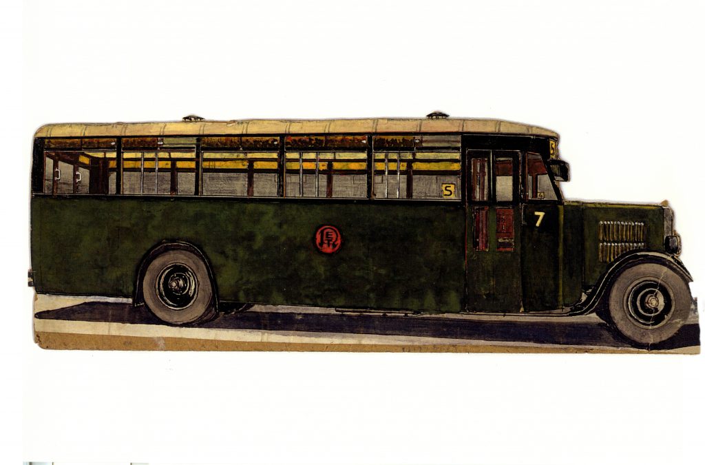 Krupp-bus 7 penseeltekening, in de RET werkkleur groen.