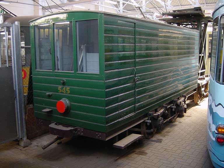 Aanhangrijtuig 545, zoutwagen, later vernummerd in 2015. Hier als museumrijtuig in de remise Hillegersberg, 2004