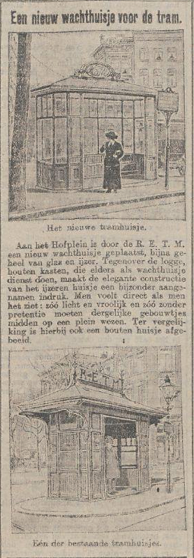 26-2-1913 Rotterdamsch Nieuwsblad, Hofplein, oud en nieuw tramhuisje, wachthuisje