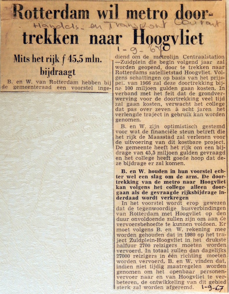 19670901 Rotterdam wil metro doortrekken naar Hoogvliet