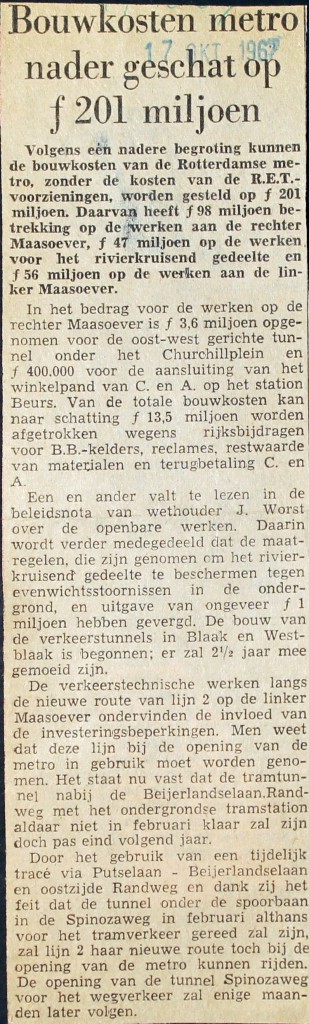 19671017 Bouwkosten metro 201 miljoen.