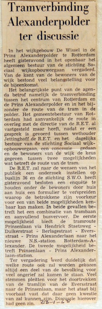 19680126 Tramverbinding Alexanderpolder ter discussie