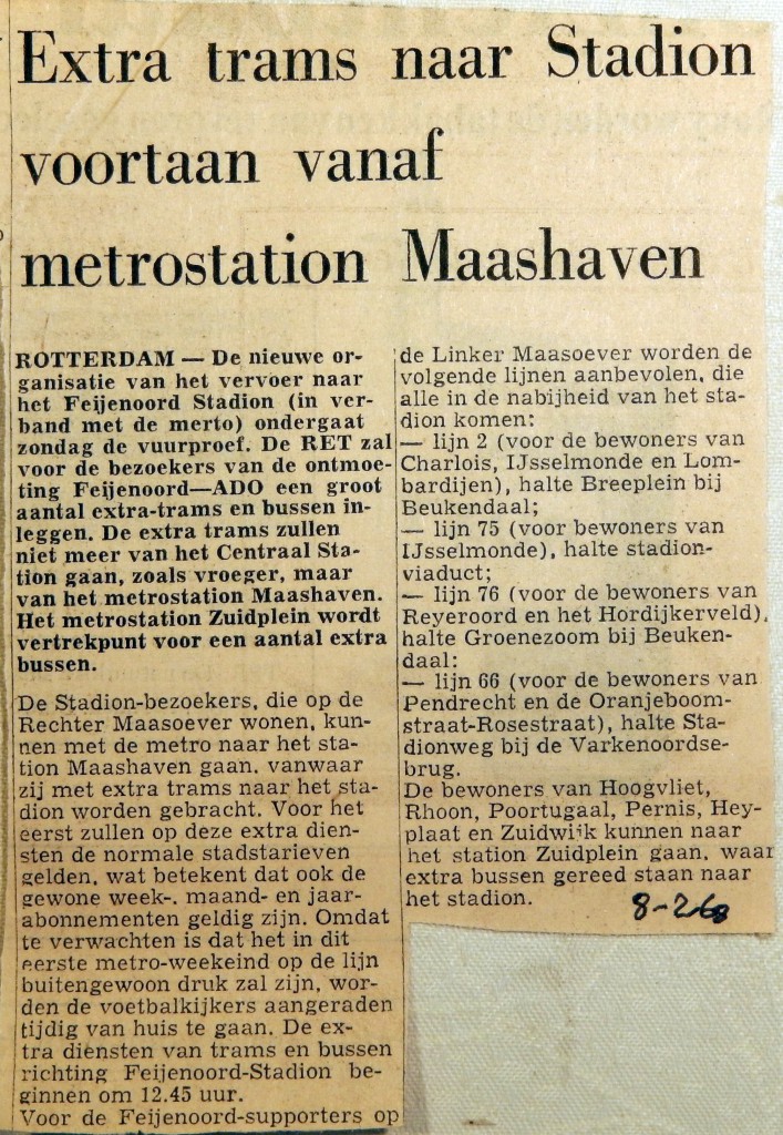 19680208 Extra trams naar Stadion vanaf metro Maashaven