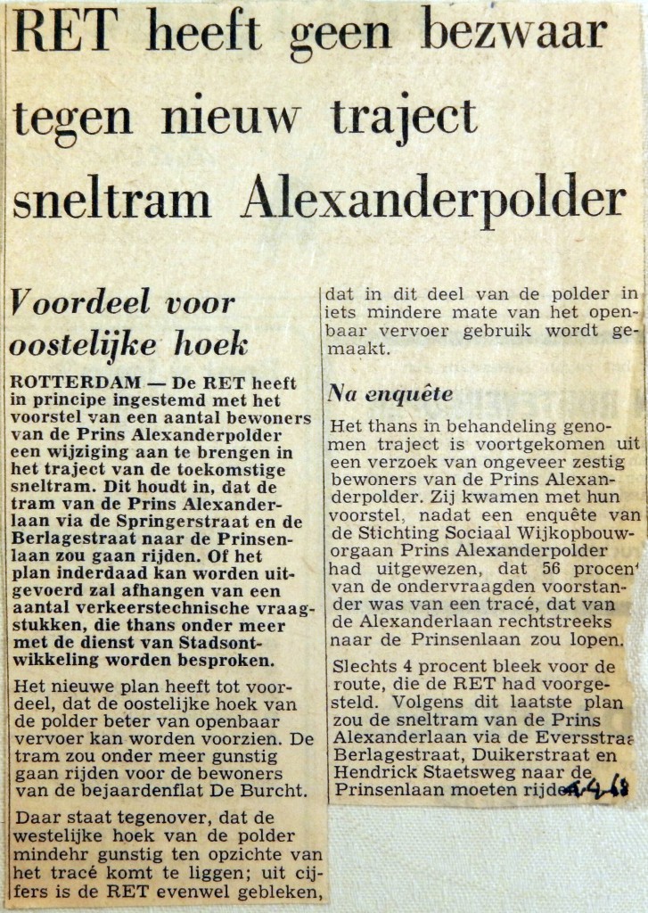 19680404 Geen bezwaar RET tegen traject naar Alexanderpolder