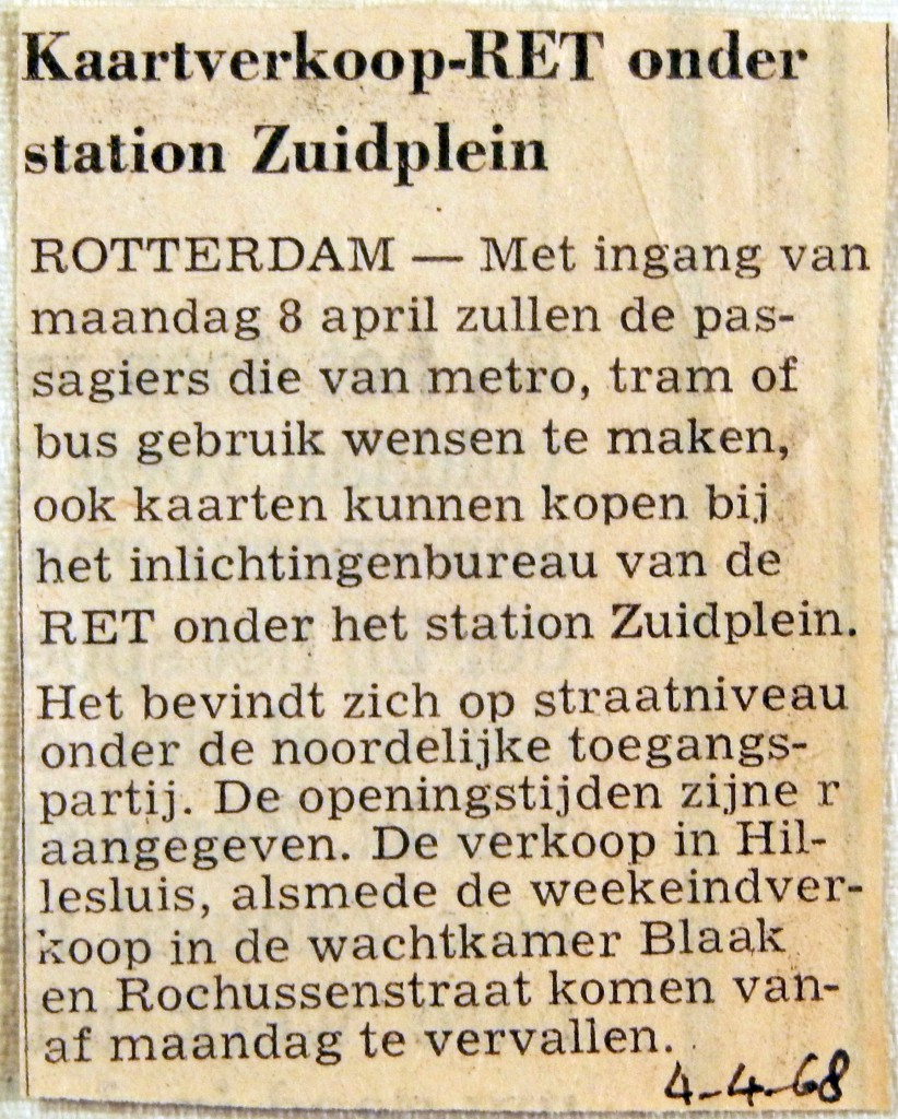 19680404 Kaartverkoop RET onder metrostation Zuidplein