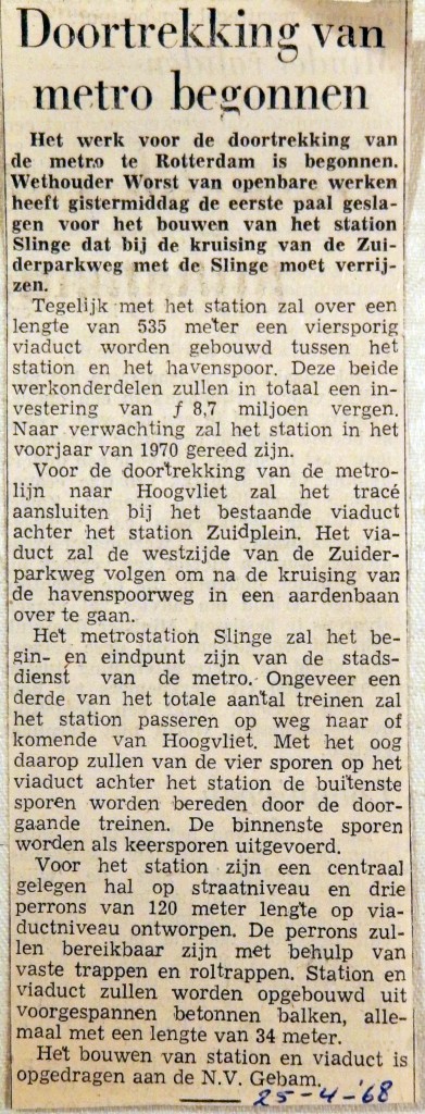 19680425 Doortrekking metro begonnen