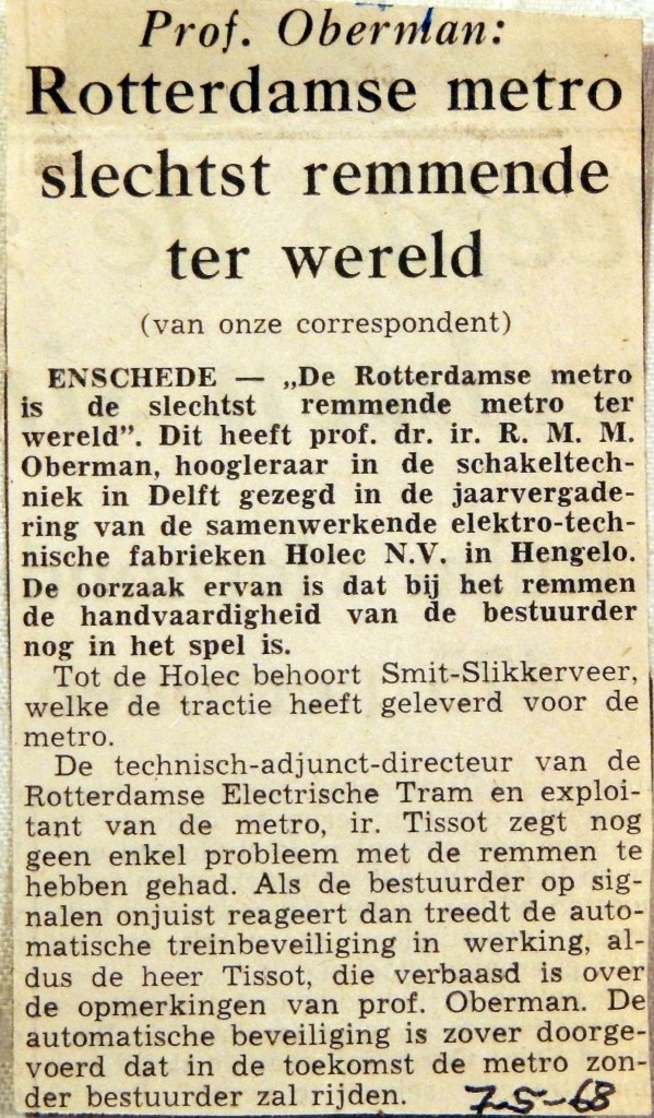 19680507 Rotterdamse metro slechts remmende ter wereld