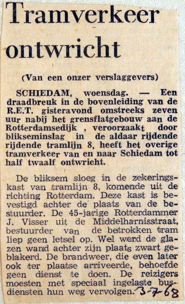19680703 Tramverkeer ontwricht door draadbreuk Schiedam