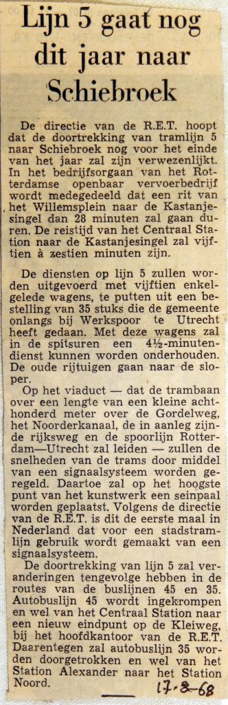 19680817 Lijn 5 gaat nog dit jaar naar Schiebroek