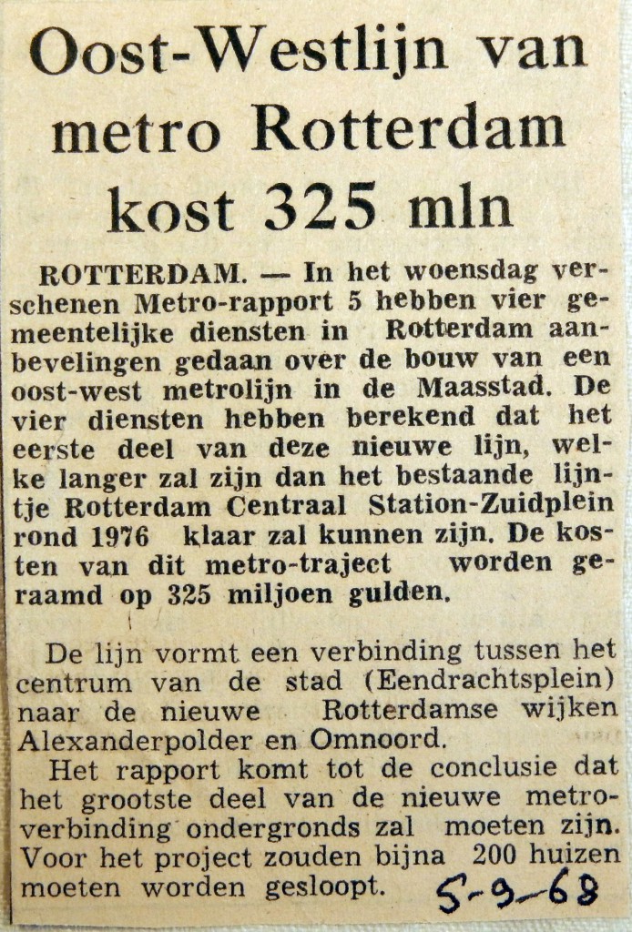 19680905 Oost-westlijn metro Rotterdam kost 325 miljoen