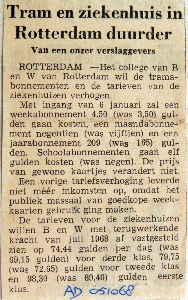19681005 Tram en ziekenhuis in Rotterdam duurder (AD)