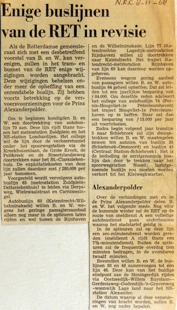 19681108 Enige RET buslijnen in revisie (NRC)