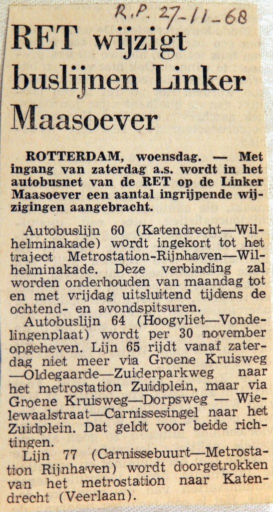 19681127 RET wijzigt buslijnen Linker Maasoever (Parool)