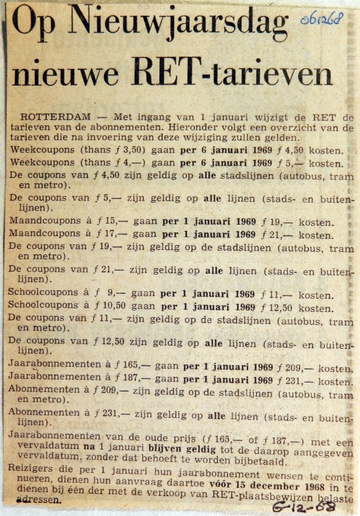 19681206 Op nieuwjaarsdag nieuwe RET tarieven
