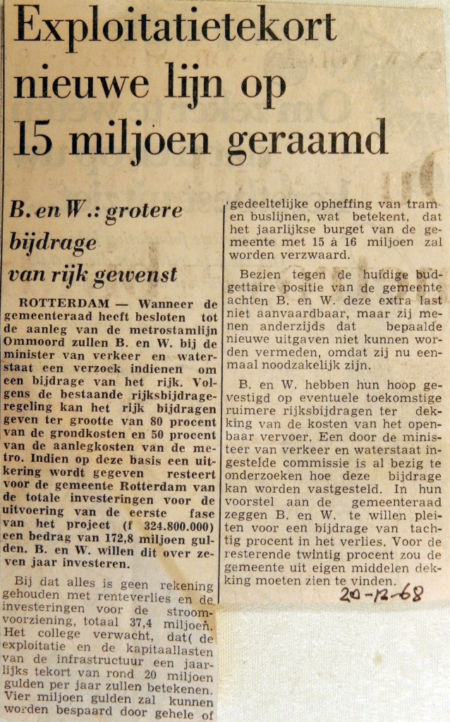 19681220 Exploitatietekort nieuwe lijn 15 miljoen