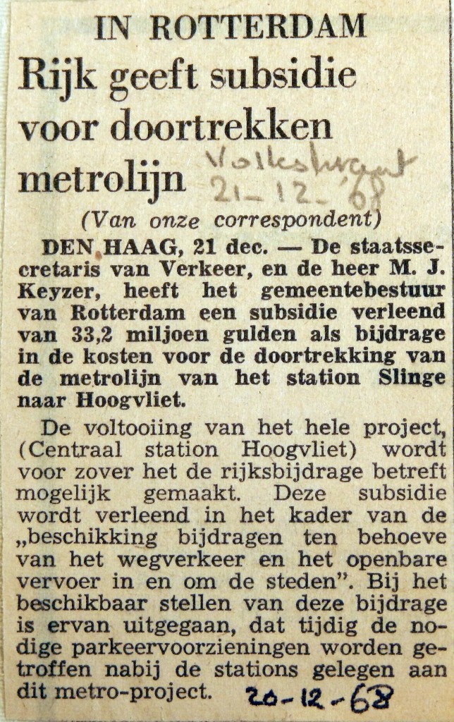 19681220 Rijkssubsidie voor doortrekken metrolijn (Volkskrant)