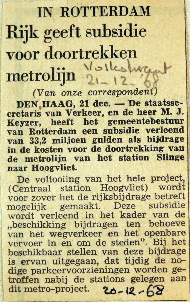 19681221 Rijk geeft subsidie voor doortrekking metrolijn (Volkskrant)