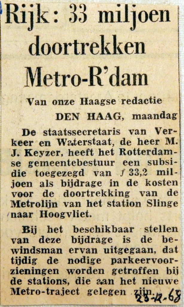 19681223 Rijk, 33 miljoen voor doortrekken metro