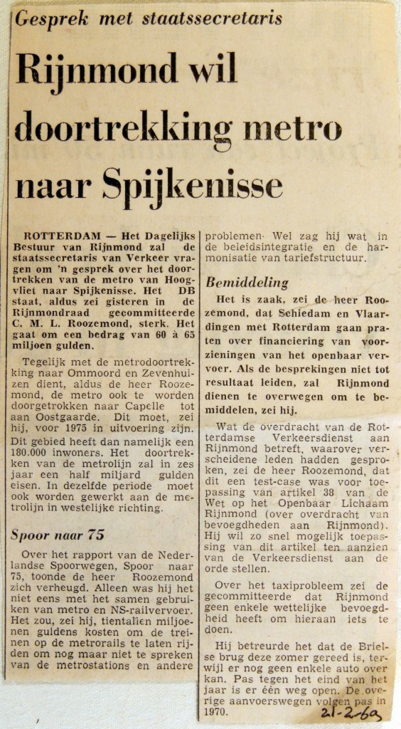 19690221 Rijnmond wil doortrekking naar Spijkenisse