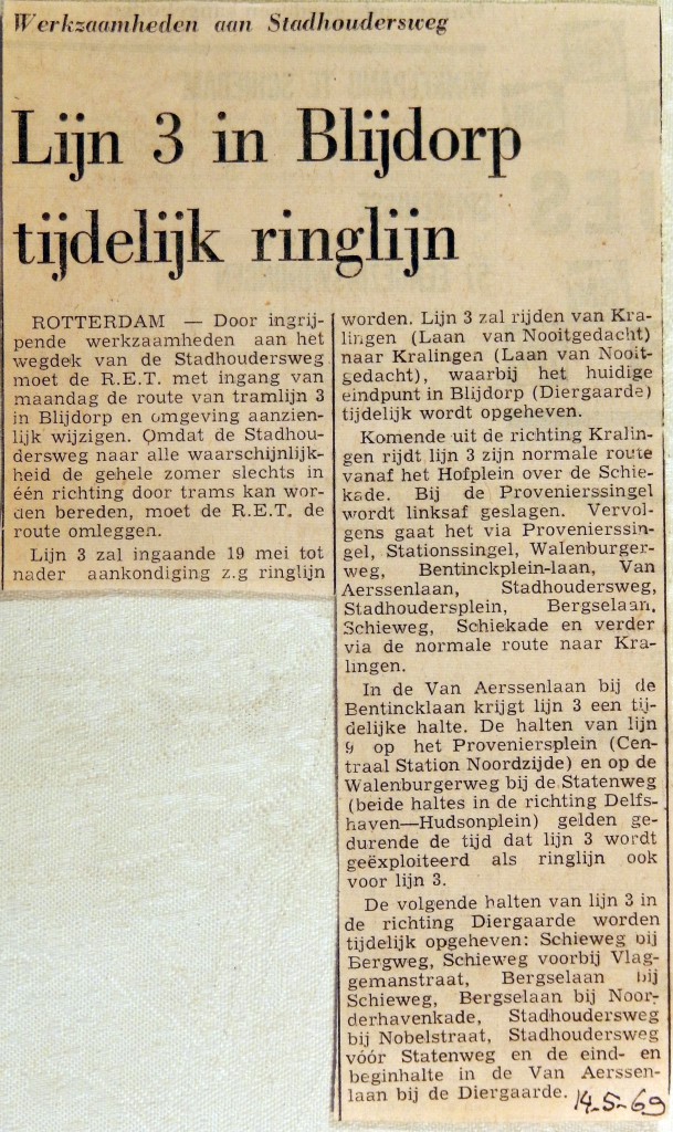 19690514 Lijn 3 in Blijdorp tijdelijk ringlijn