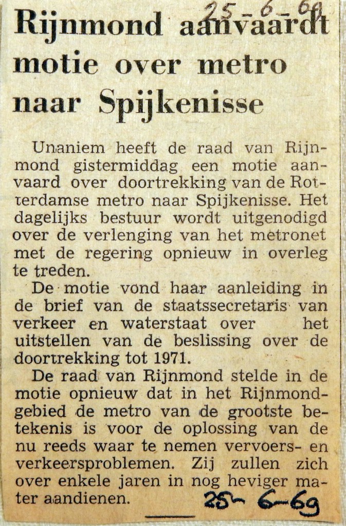 19690625 Rijnmond aanvaardt motie over metro naar Spijkenisse