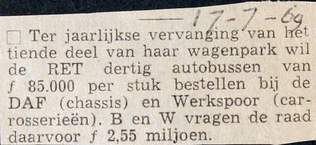 19690717 Bestelling 30 bussen voor de RET