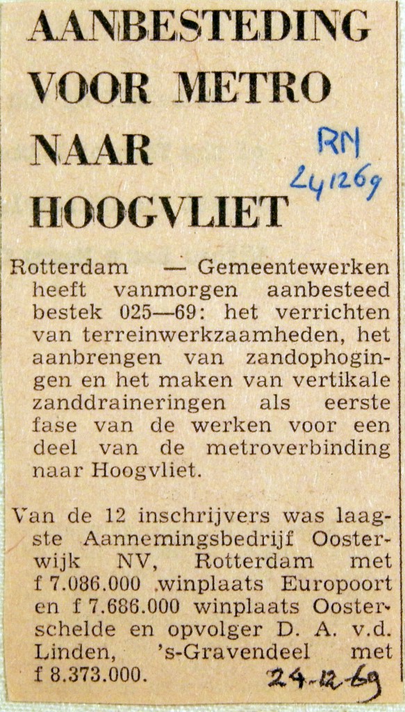 19691224 Aanbesteding voor metro naar Hoogvliet (RN)