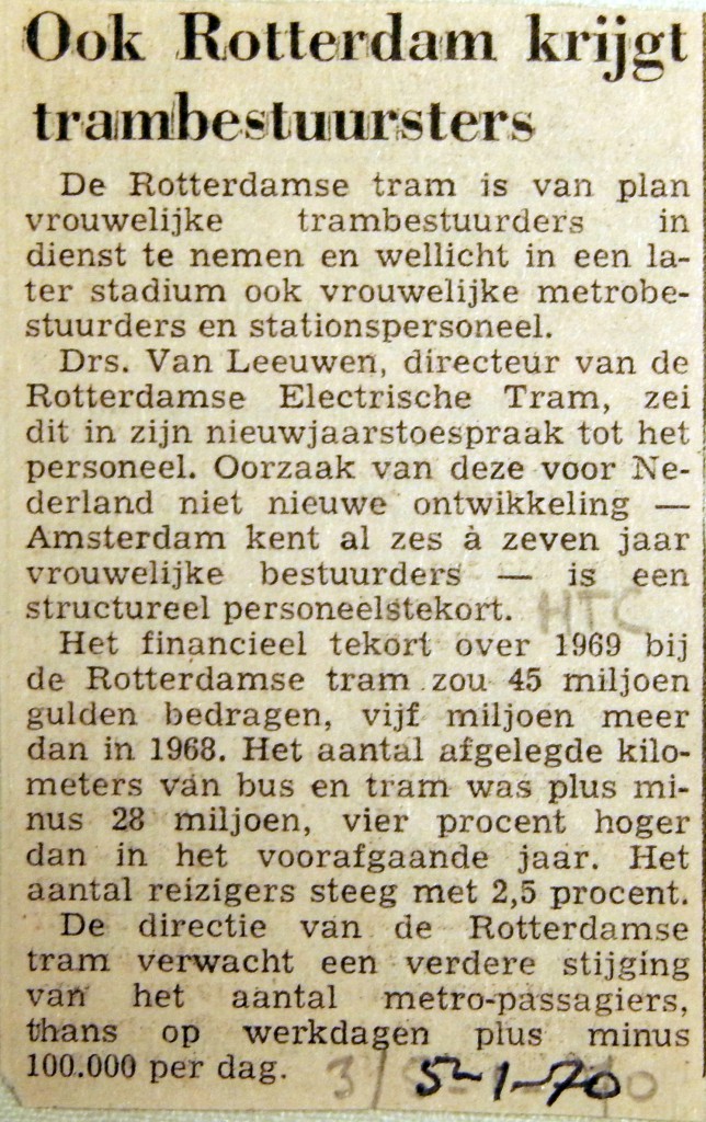 19700105 Ook Rotterdam krijgt trambestuursters