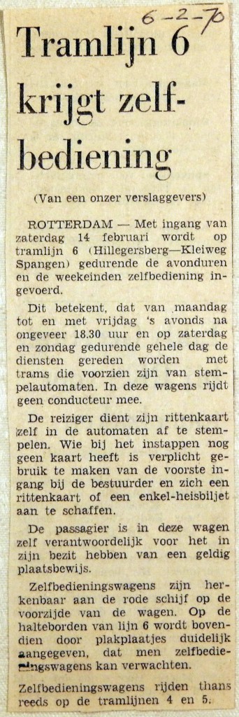 19700206 Tramlijn 6 krijgt zelfbediening