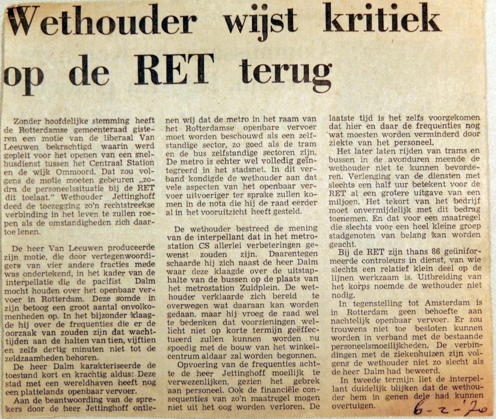 19700206 Wethouder wijst kritiek op RET terug