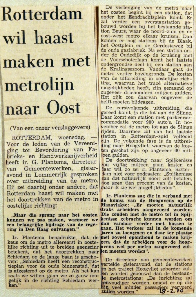 19700218 Rotterdam heeft haast met metrolijn naar Oost