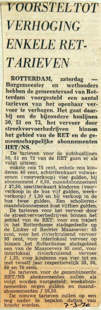 19700307 Voorstel tot verhoging enkele RET tarieven