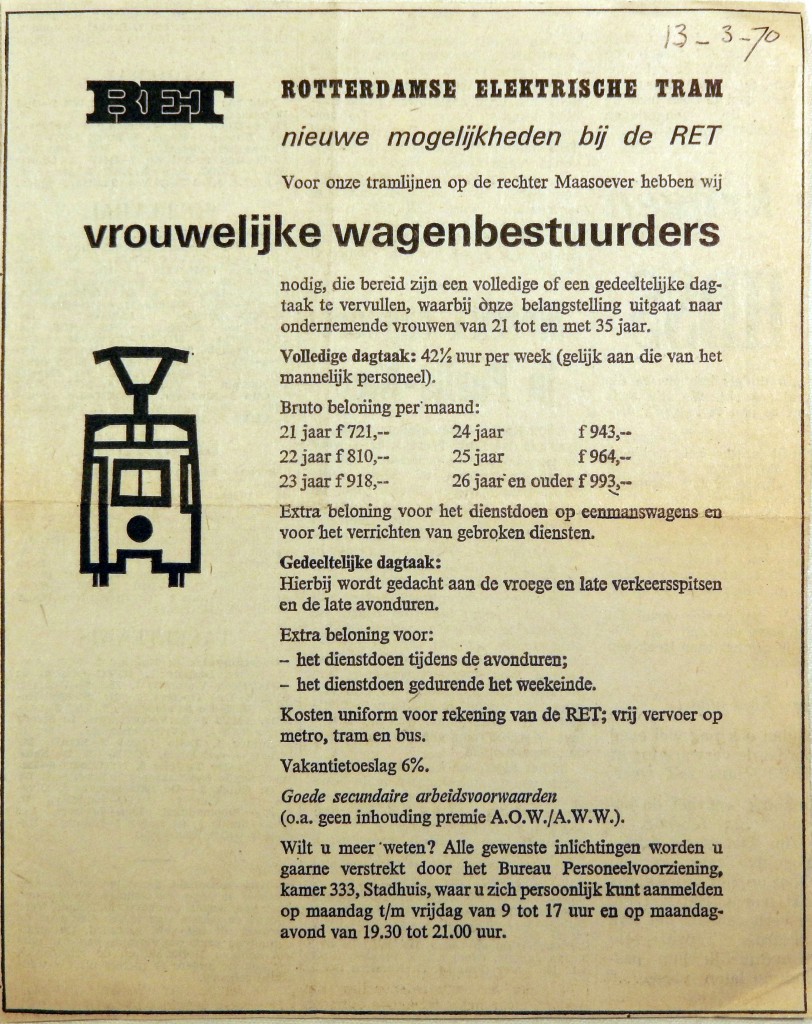 19700313 Advertentie RET vrouwelijke wagenbestuurders