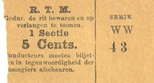 Universeel sectiebiljet voor één sectie ter waarde van 5 cent. Deze biljetten konden op alle stadslijnen gebruikt worden.