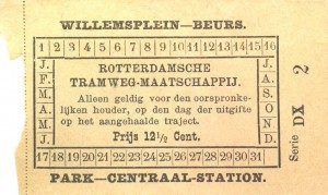 Plaatsbewijs van 12,5 cent voor het gehele traject Willemsplein – Beurs of Park – Centraal Station.  Het plaatsbewijs is uitgegeven na verlenging van 27 mei 1880 van de lijn Willemsplein – Binnenwegschebrug tot het Beursplein.