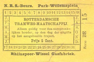 Kort na opening van de eerste lijnen werd een sectietarief ingevoerd. In plaats van voor de gehele rit kon men vanaf dat moment tegen een gunstig tarief ook korte ritten maken. Dit is een plaatsbewijs van 5 cent dat geldig was op één der trajecten Rhijnspoor - Beurs, Park - Willemsplein of Rhijnspoor - Wissel Gasfabriek.