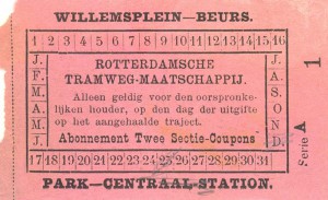 Coupon voor abonnementhouder geldig voor twee secties. In dit geval voor de trajecten Willemsplein - Beurs of Park - Centraalstation. De afmetingen van het origineel bedragen 75x50 mm.