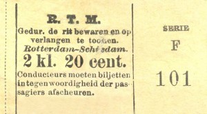 Biljet voor een reis in de tweede klasse van Rotterdam naar Schiedam.