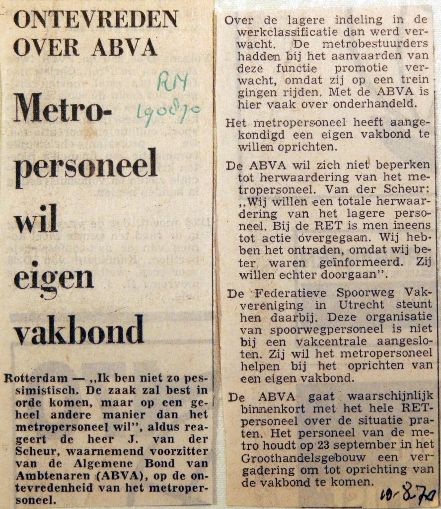 19700810 Metropersoneel wil eigen vakbond (RN)