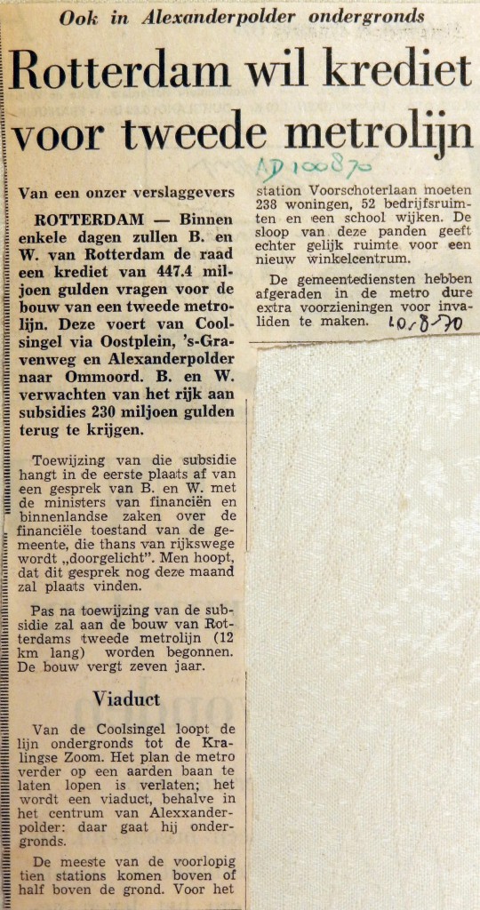19700810 Rotterdam wil krediet voor tweede metrolijn (AD)