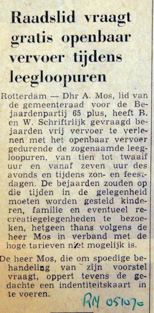 19701005 Raadslid vraagt gratis OV tijdens leegloopuren (RN)