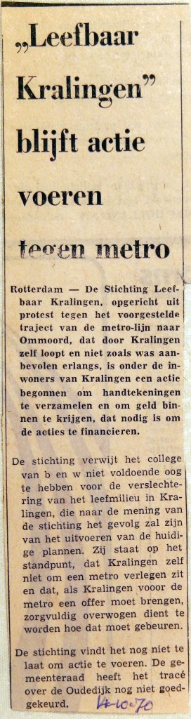 19701014 Leefbaar Kralingen blijft actie voeren tegen metro