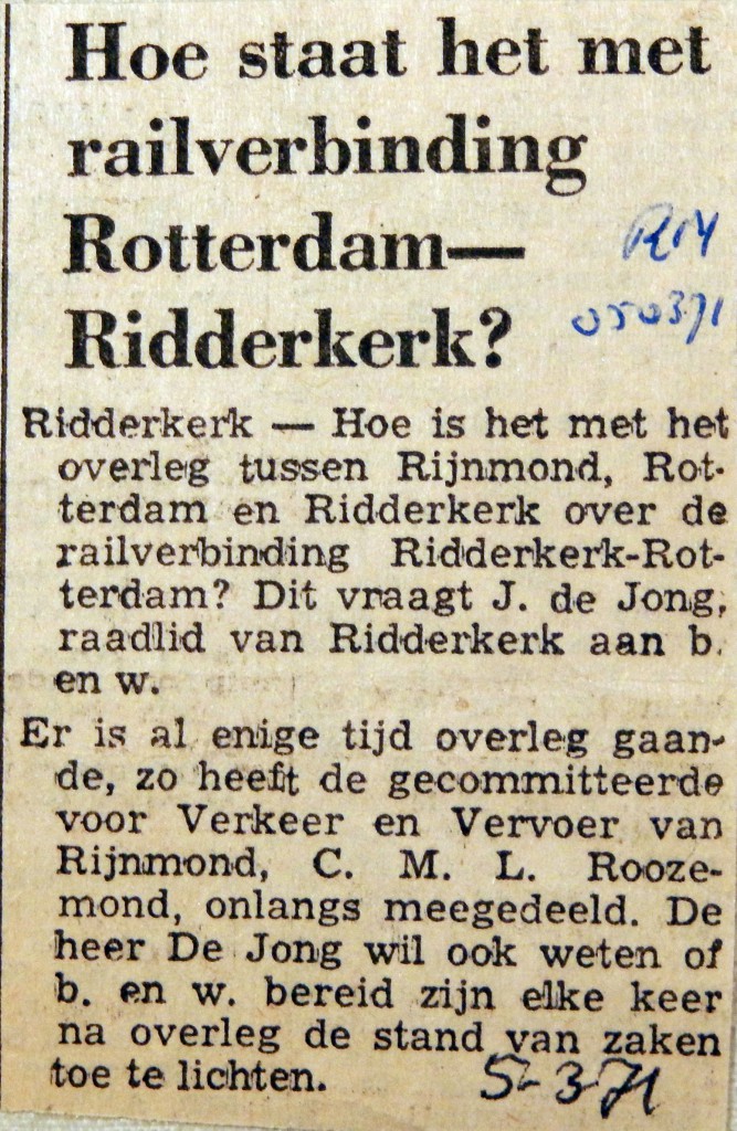 19710305 Hoe staat het met railverbinding Rotterdam-Ridderkerk (RN)