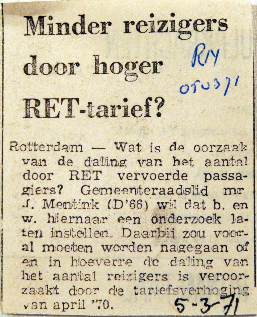 19710305 Minder reizigers door hoger RET tarief (RN)