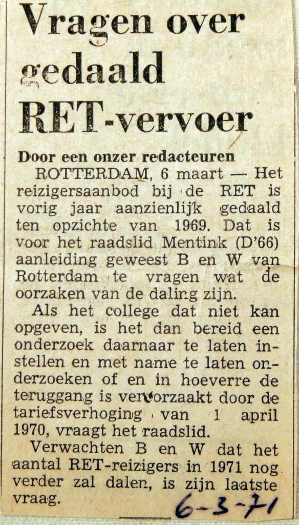 19710306 Vragen over gedaald RET vervoer