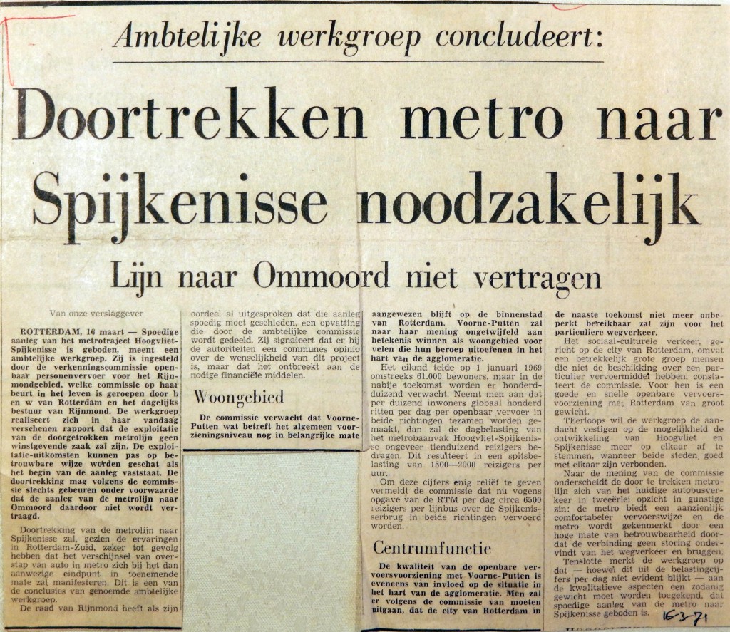 19710316 Doortrekken metro naar Spijkenisse noodzakelijk